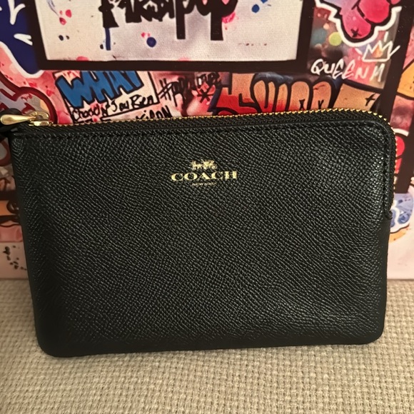 Coach black leather corner zip wristlet. - Picture 2 of 8